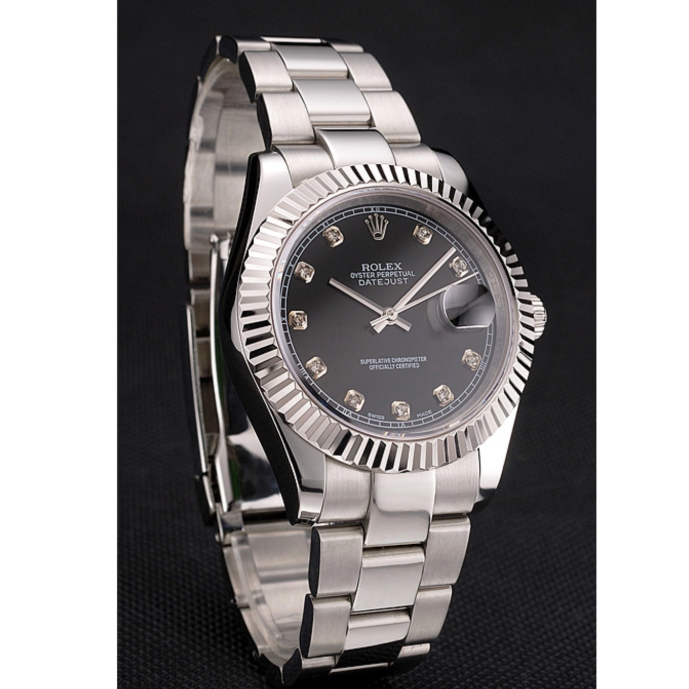 Best AAA Replica Sites Dimond Case Swiss Bracelet Hour Dial Datejust Rolex Marks Stainless Steel Black And 0802